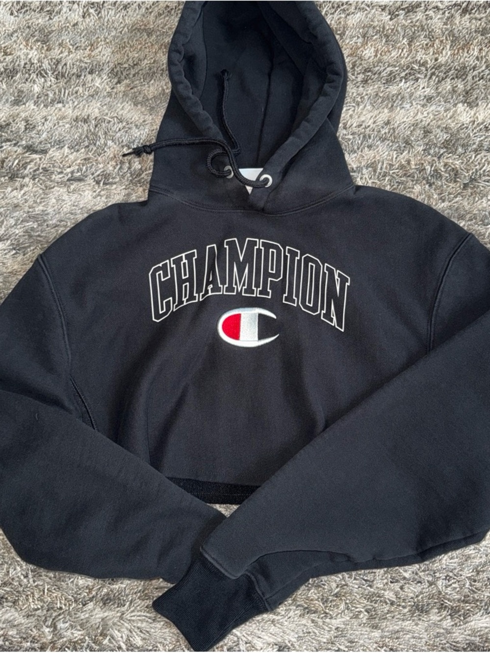Champion Black Hoodie with White and Red Logo